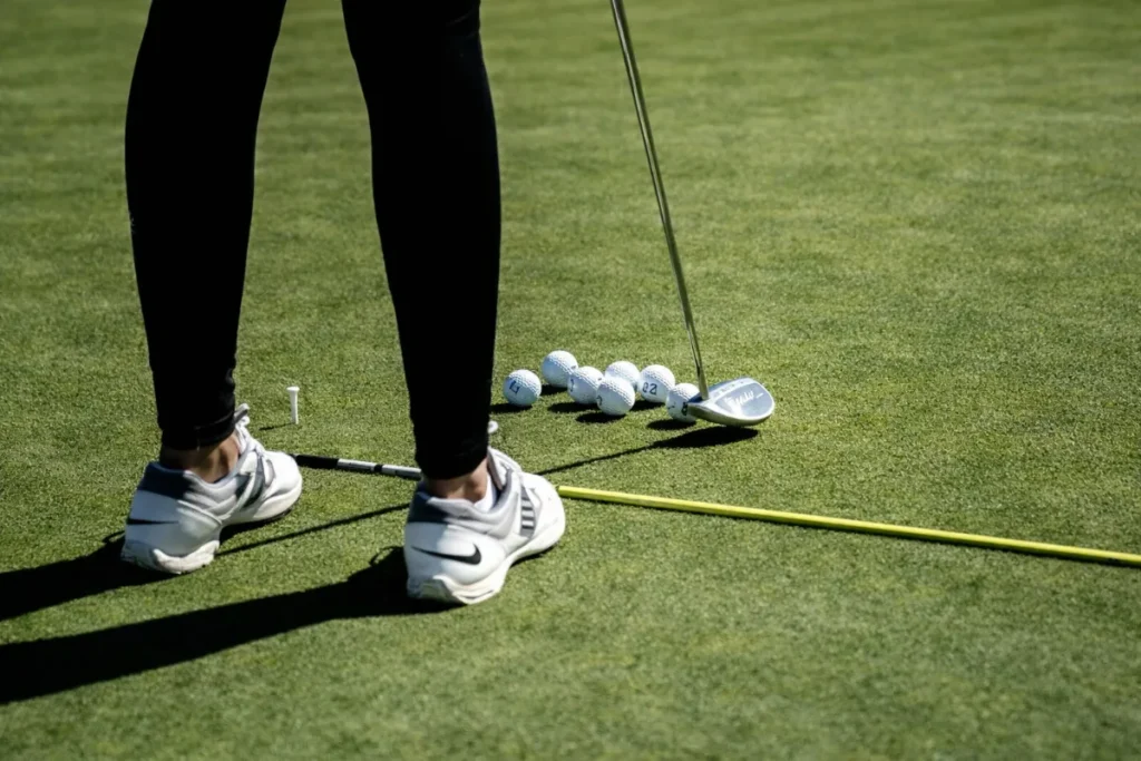 A person standing on a putting green with a putter, several golf balls, and alignment sticks used for practice.