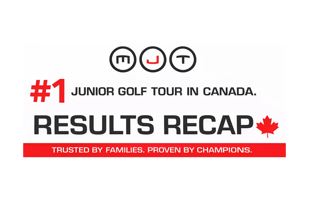 A promotional graphic for the MJT, featuring the text "#1 Junior Golf Tour in Canada," a "Results Recap" headline with a Canadian maple leaf icon, and the slogan "Trusted by Families. Proven by Champions."