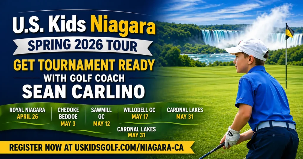 An advertisement for the U.S. Kids Niagara Spring 2026 Tour featuring golf coach Sean Carlino. The graphic shows a young golfer on a green with Niagara Falls in the background and lists a schedule of tournament dates and locations for April and May.