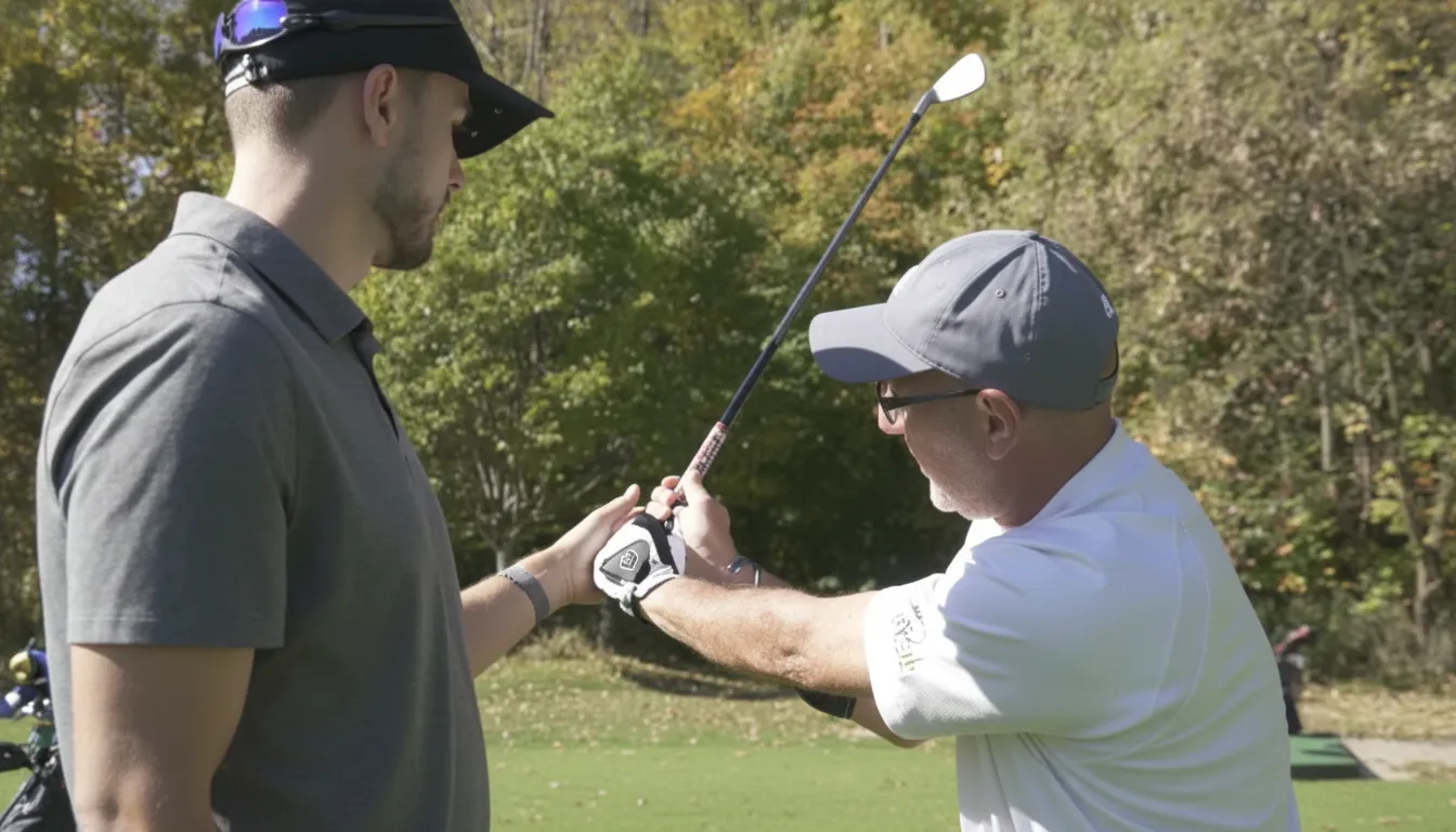 A golf instructor stands next to a student, observing and potentially adjusting the student's hand position and grip on the golf club during an outdoor lesson.